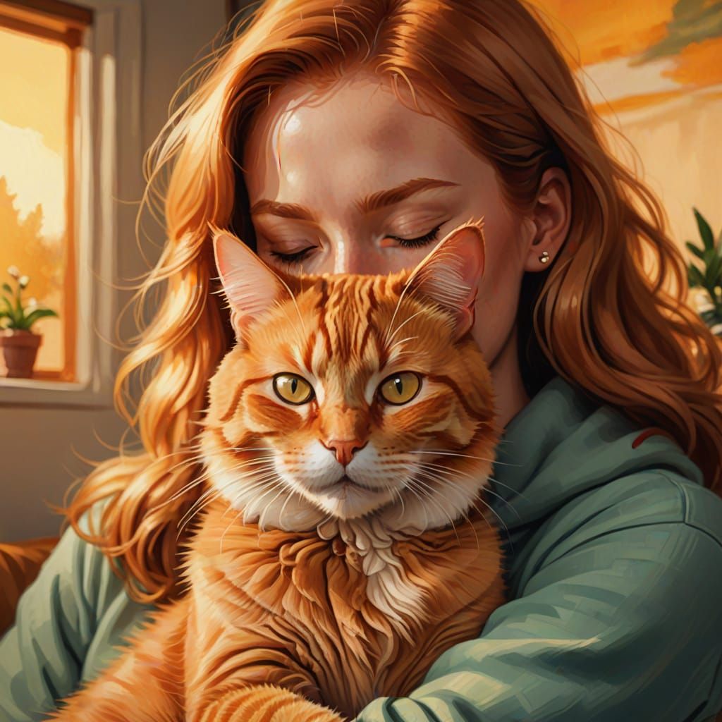 Ginger Cat Licking Lips in Owner's Arms, Digital Painting