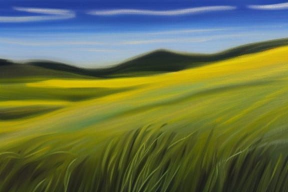 rolling green hills with tall grass and a blue sky oil painting