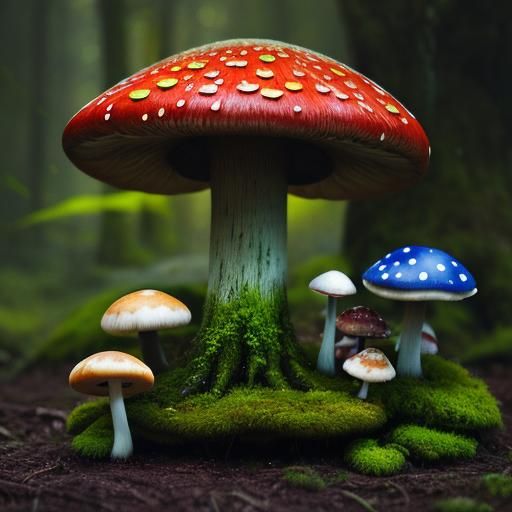 Enchanted Forest with Colorful Mushrooms and Mystical Fog