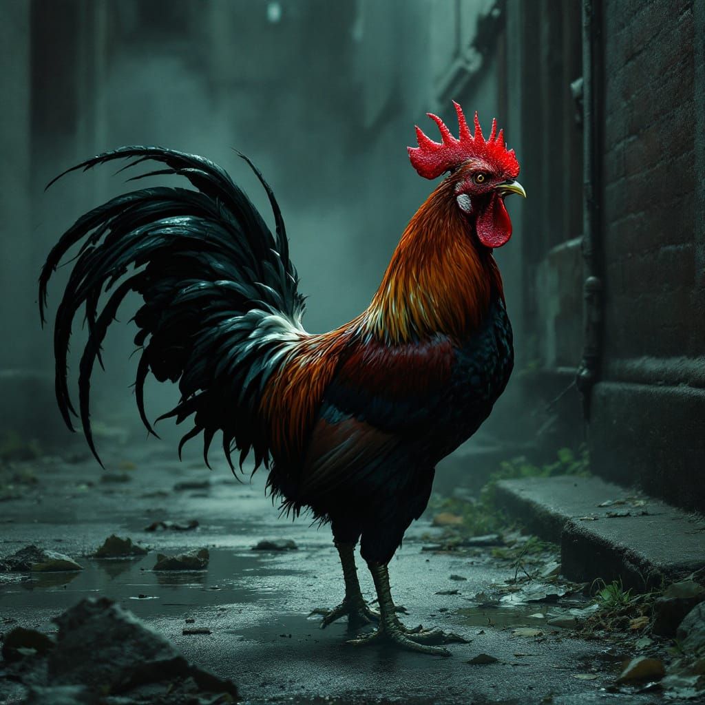 Rooster in Foggy City: Cinematic Noir Character Study