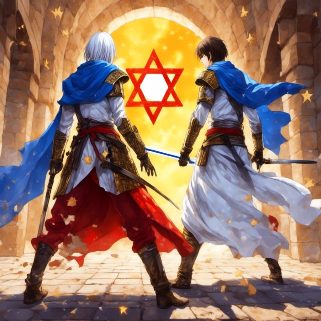 Epic Swordsmen Duel at Western Wall in Anime Style