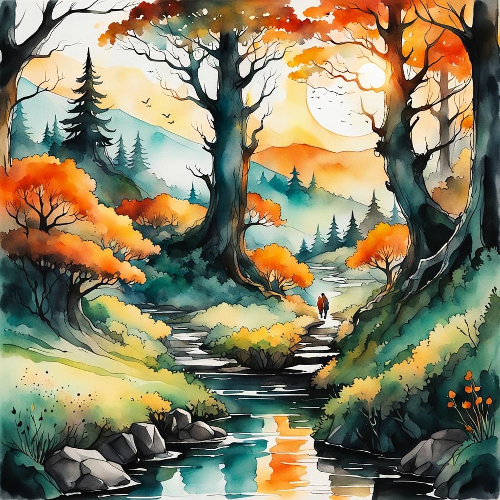 Hobbit Family at Sunset: Minimalist Watercolor Art