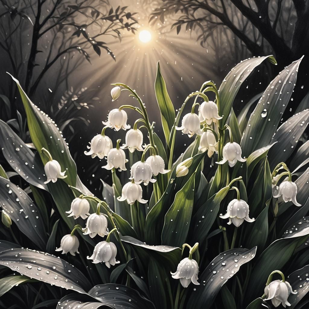 Lilies of the Valley in Morning Dew: Charcoal Drawing