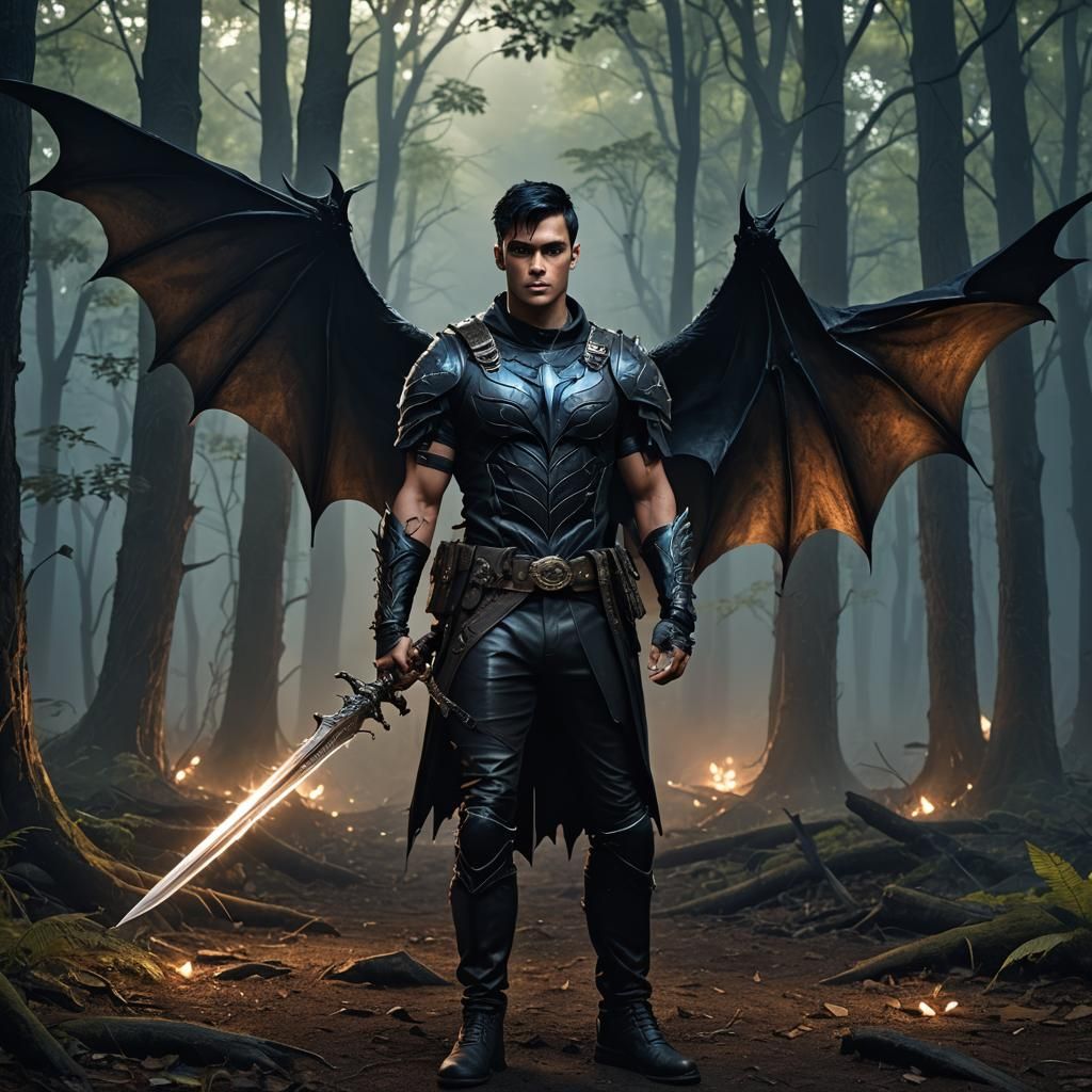 Dark Fantasy Warrior with Bat Wings and Sword