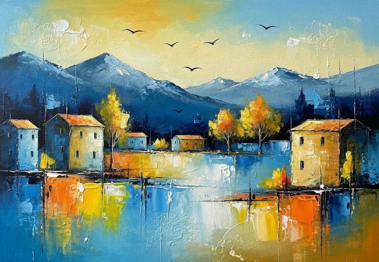 Abstract Expressionist Landscape with Buildings and Mountain...