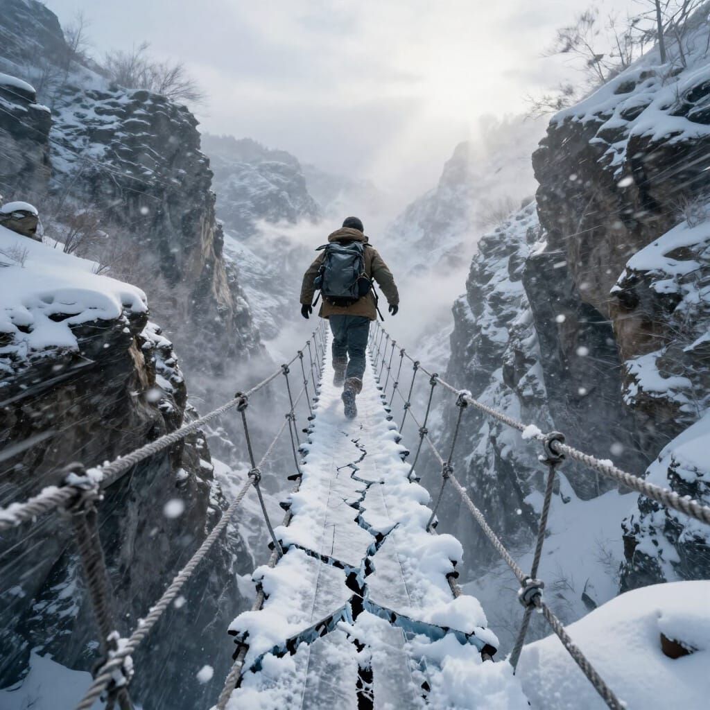 Traveler Crosses Fragile Frozen Rope Bridge in Dramatic Scen...