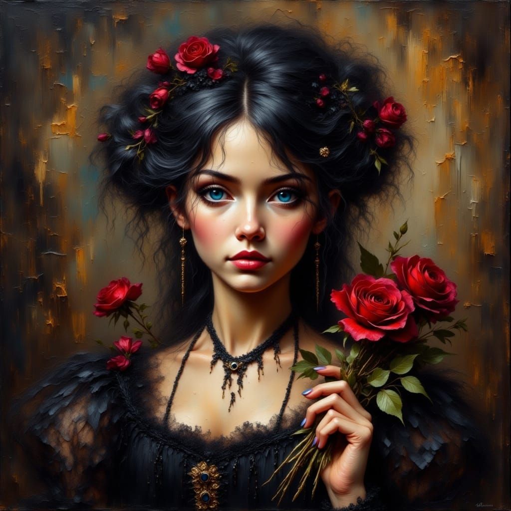 Medieval Woman Portrait with Blood Red Roses