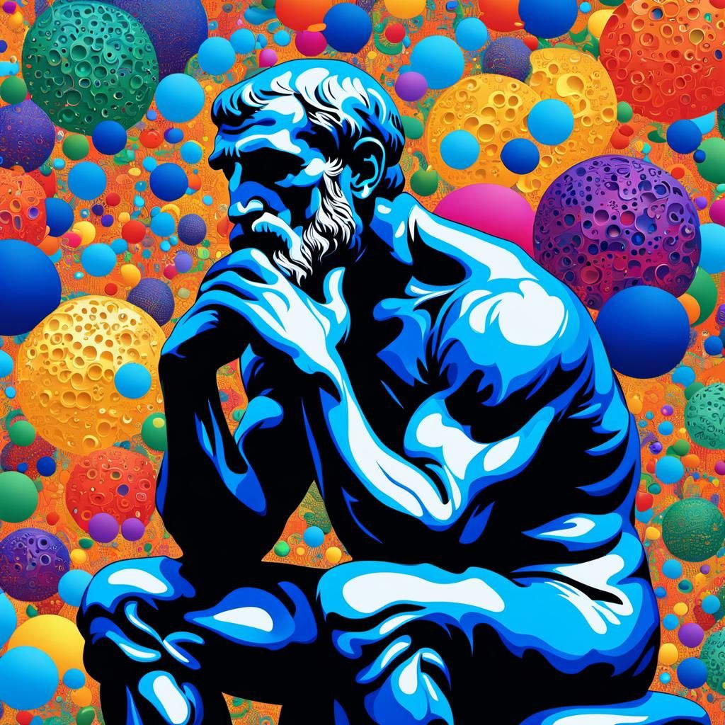 Rodin's Thinker Surrounded by Colorful Thoughts