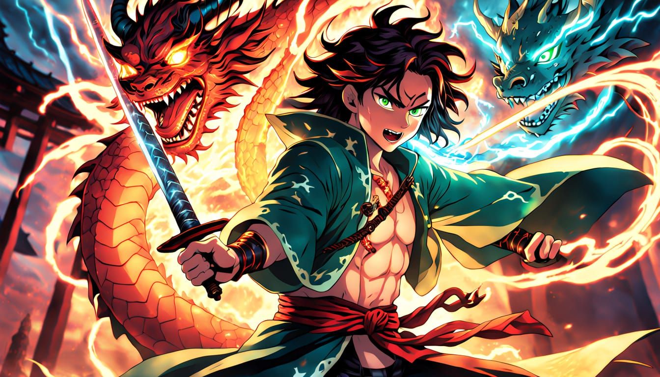 Demon Slayer vs Dragon-Demon in Manga Style