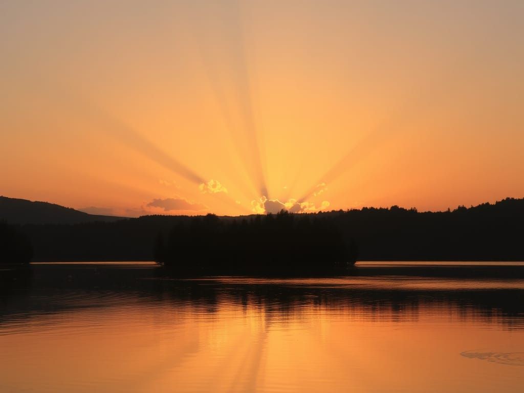 crepuscular sunset lake  reflected rays