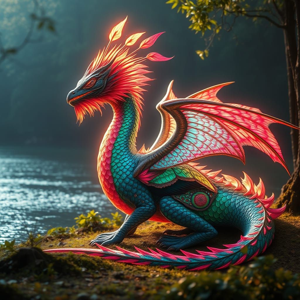 Ethereal Dragon-Peacock Hybrid in a Forest Glade