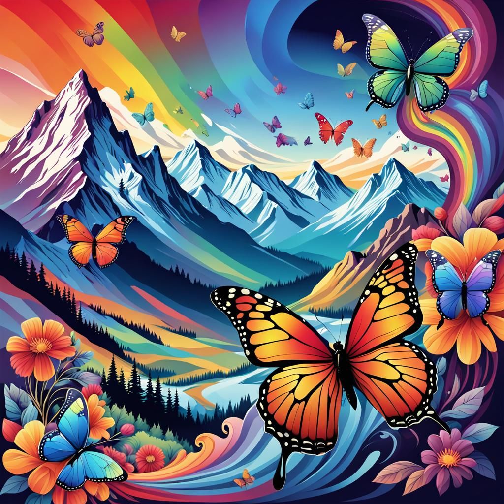 Colorful Vector Art Landscape with Horses and Butterflies