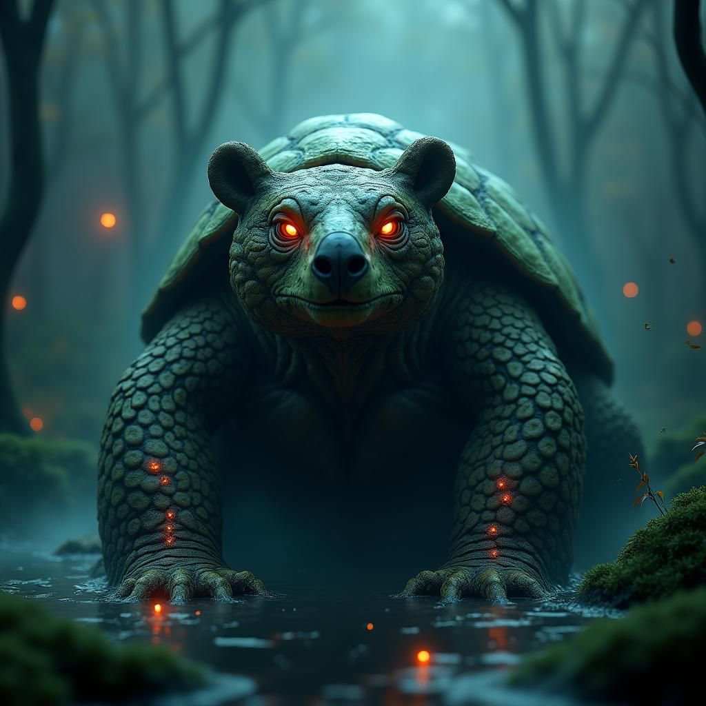 Mystical Tortoise-Bear Hybrid in Neon Swamp: Matte Painting