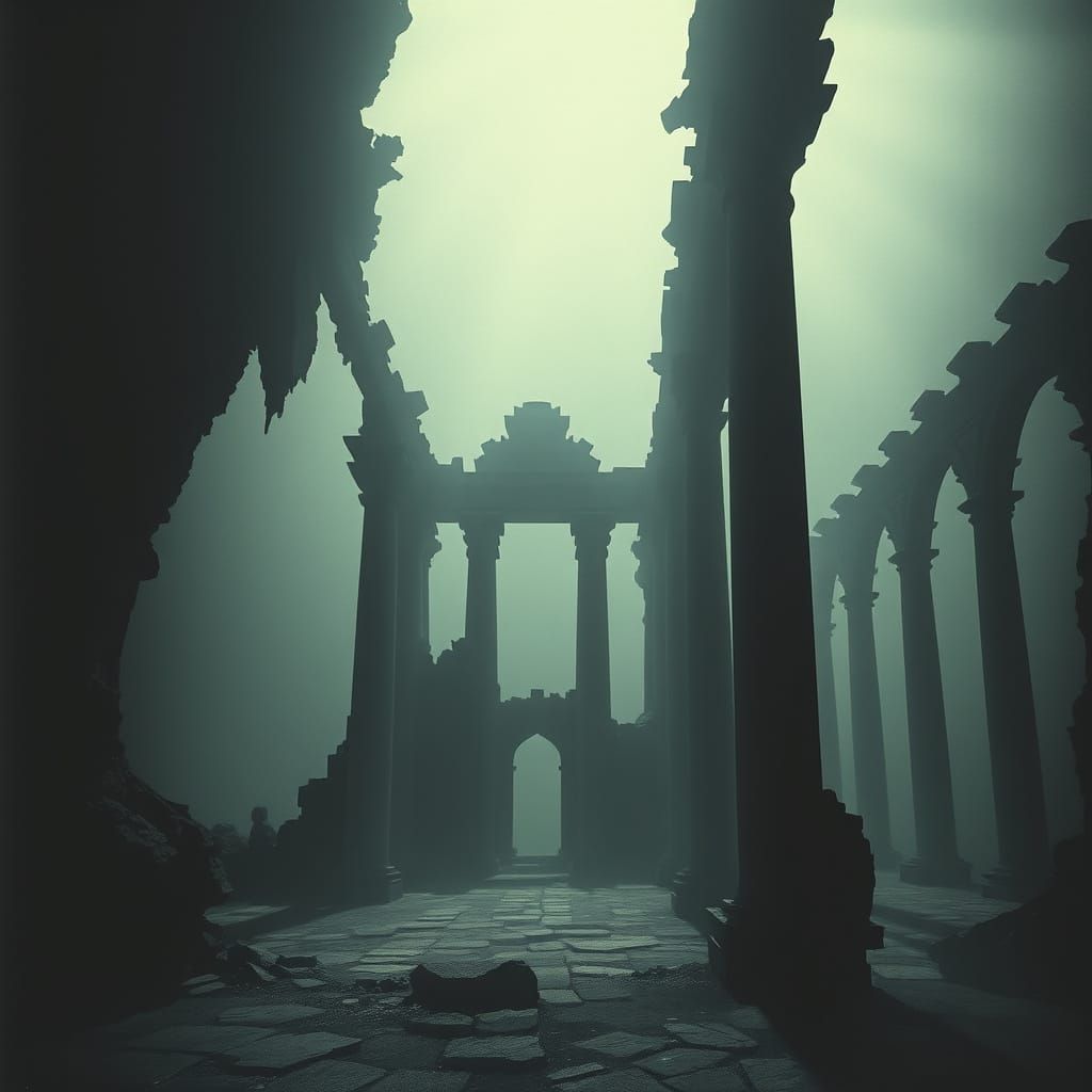 Surreal Gothic Landscape with Fractured Architecture