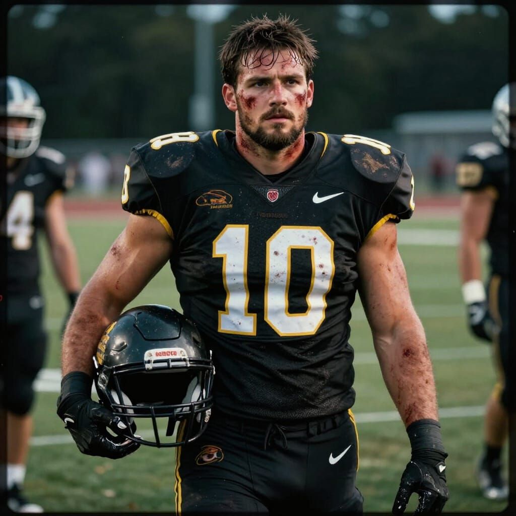 Intense Football Player on Sideline, Cinematic Film Still