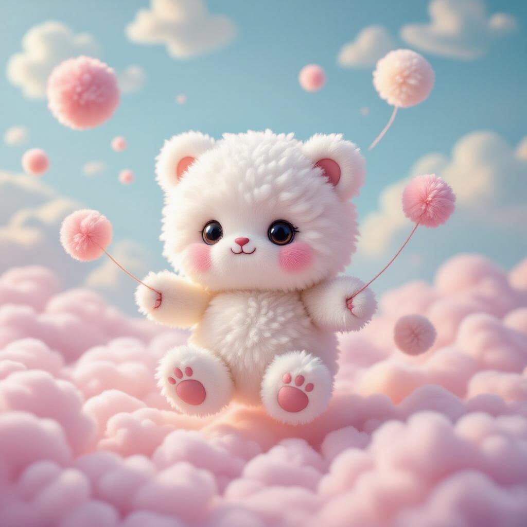 Pom-Pom Creature Joyfully Floating in Pastel Cloudscape