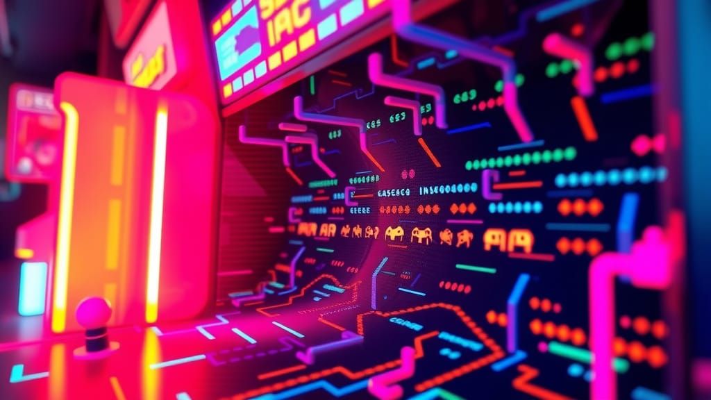 Futuristic Space Invaders Arcade Scene in Neon Colors