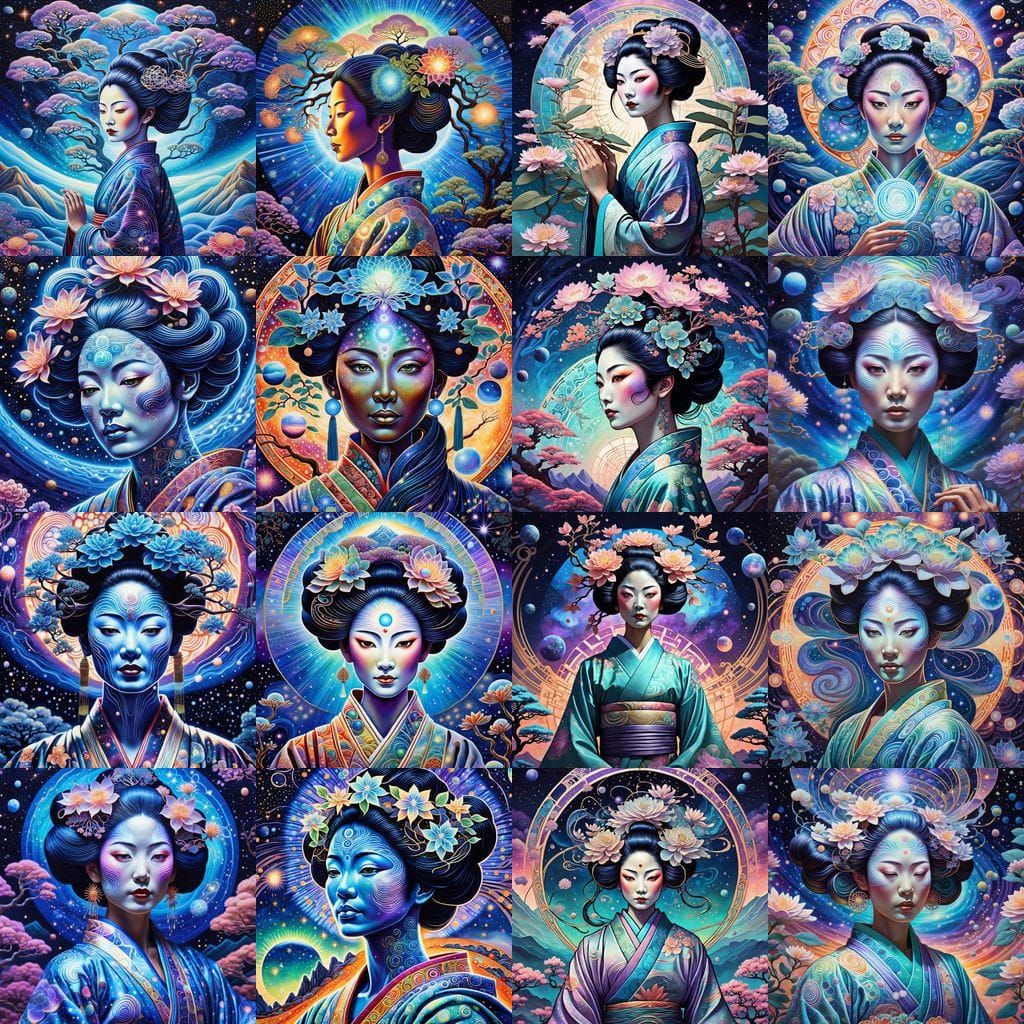 Cosmic Geisha with Bioluminescent Bonsai: Art Nouveau Style