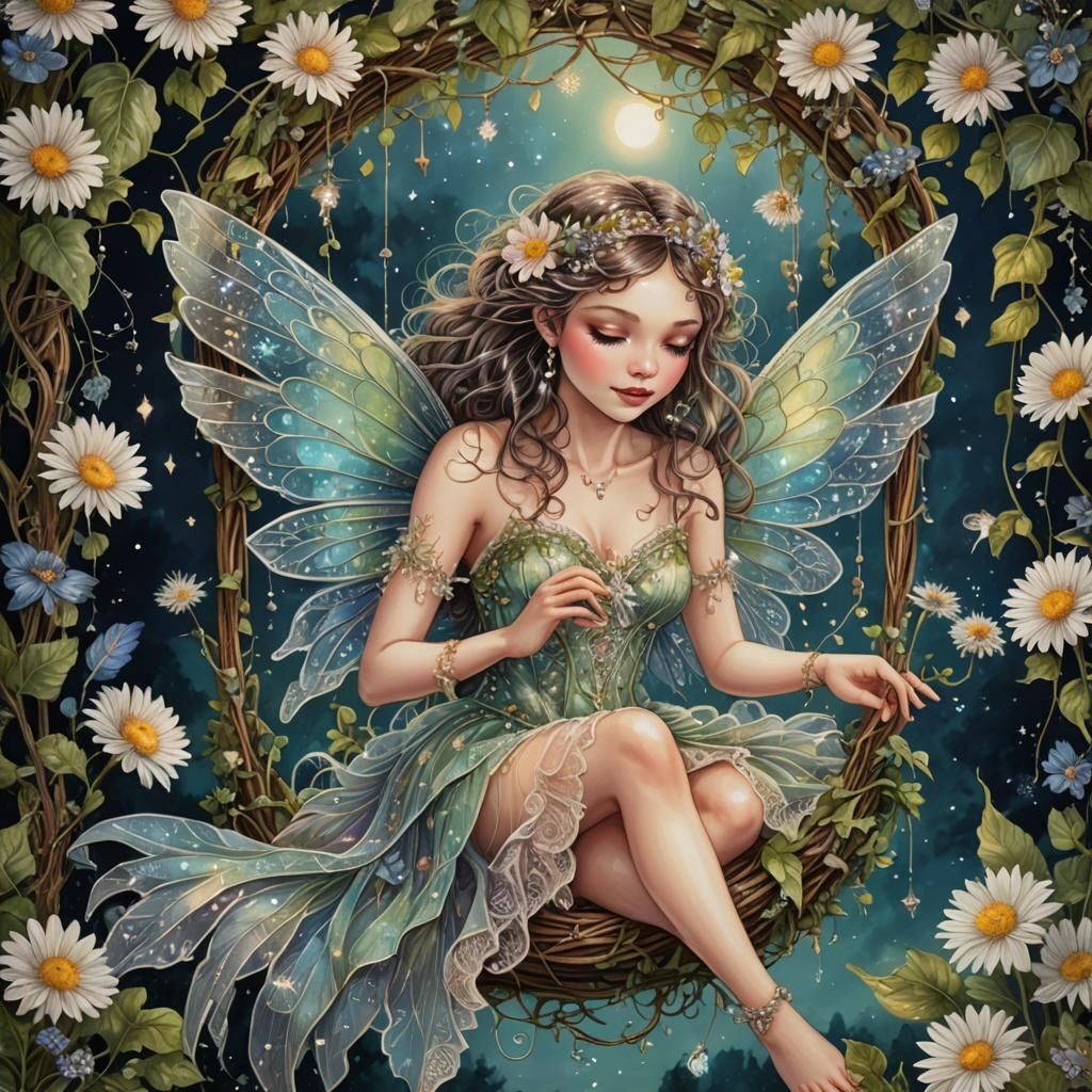 Luminous Fairy on Flower Swing in Botanical Ink Style