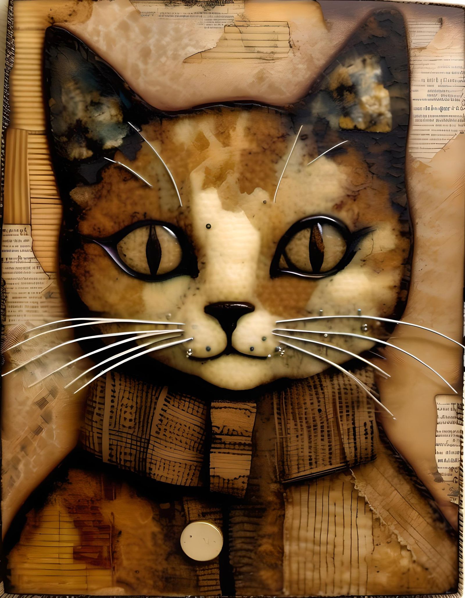 Whimsical Woolen Cat in Sepia Mixed Media Collage