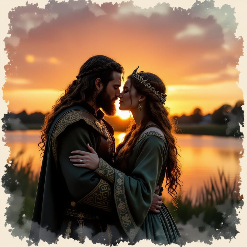 Medieval Celtic Royals Kiss at Sunset: Alcohol Ink Style