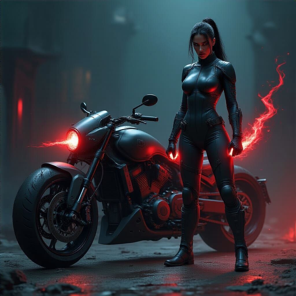 Warrior Woman and Monster Battle in Dark Setting