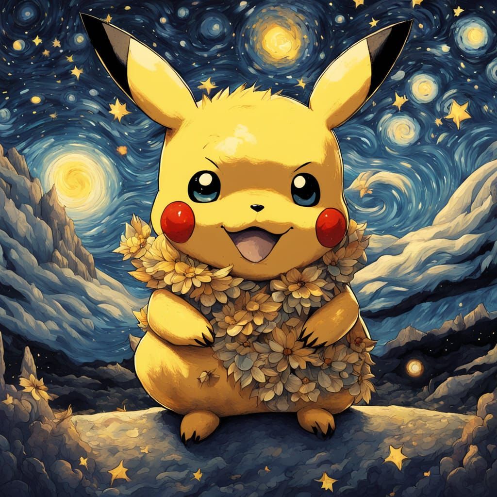 Chibi Pikachu in a Starry Night Fantasy, Textured in Brush S...
