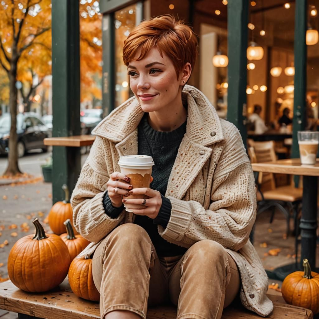 Impressionist Redhead Girl Enjoying Autumn Latte