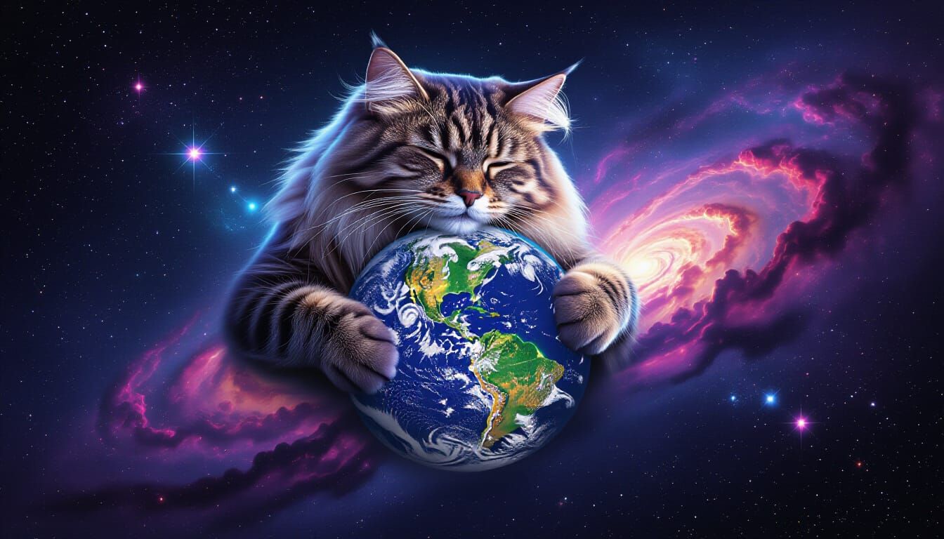Colossal Intergalactic Cat Embraces Earth in Space