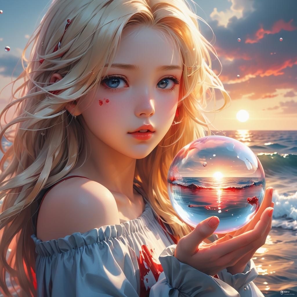Blond Woman Reflecting Sea: 3D Anime Art