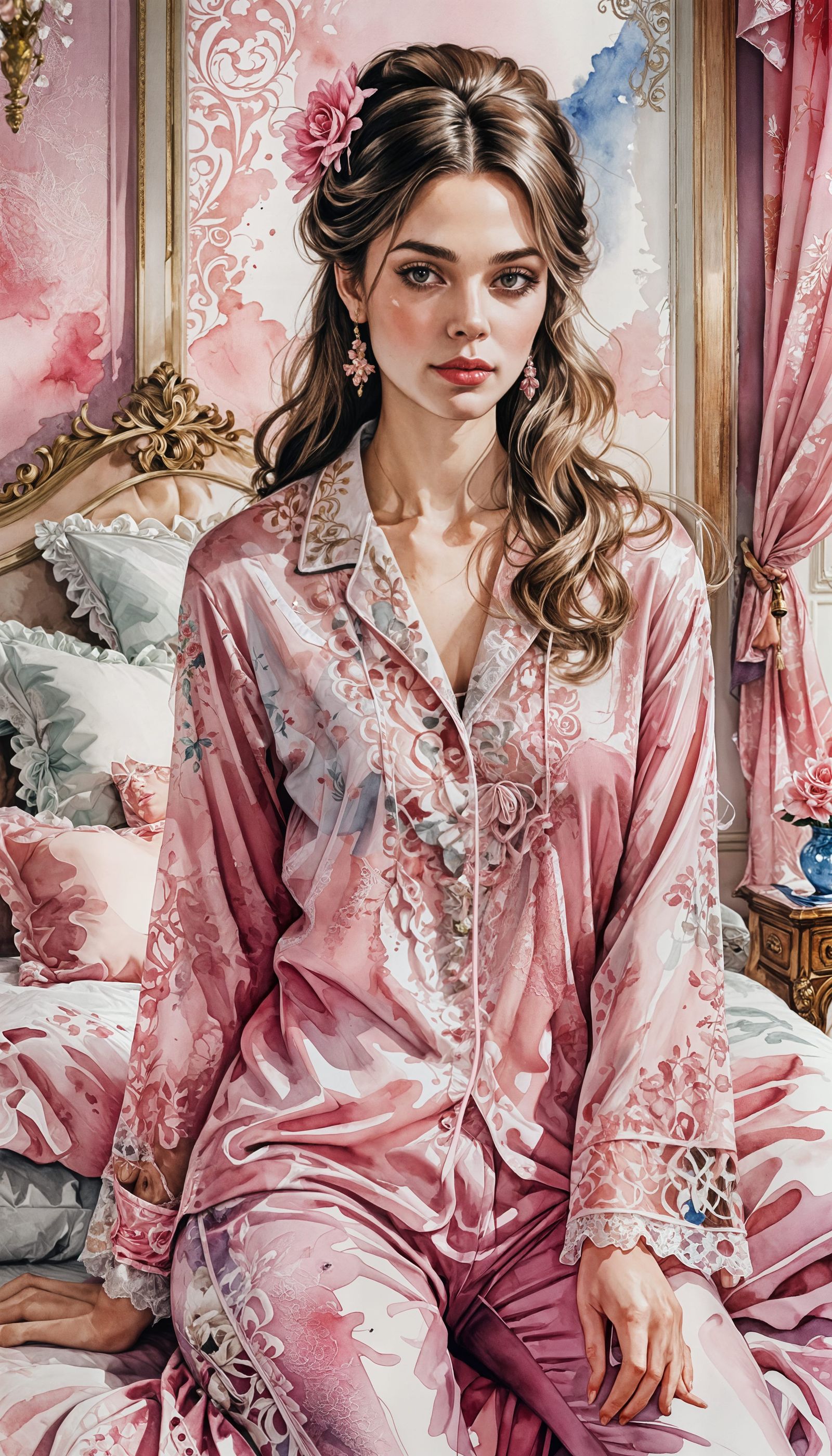 Rococo Pajama Portrait in Watercolor Art