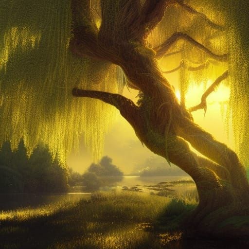 Magical Fairycore Weeping Willow in Golden Sunlight