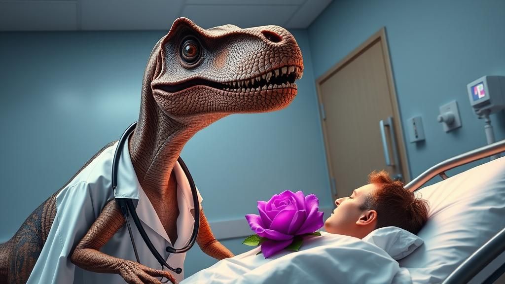 Velociraptor Doctor Visits Patient in Surreal Hospital