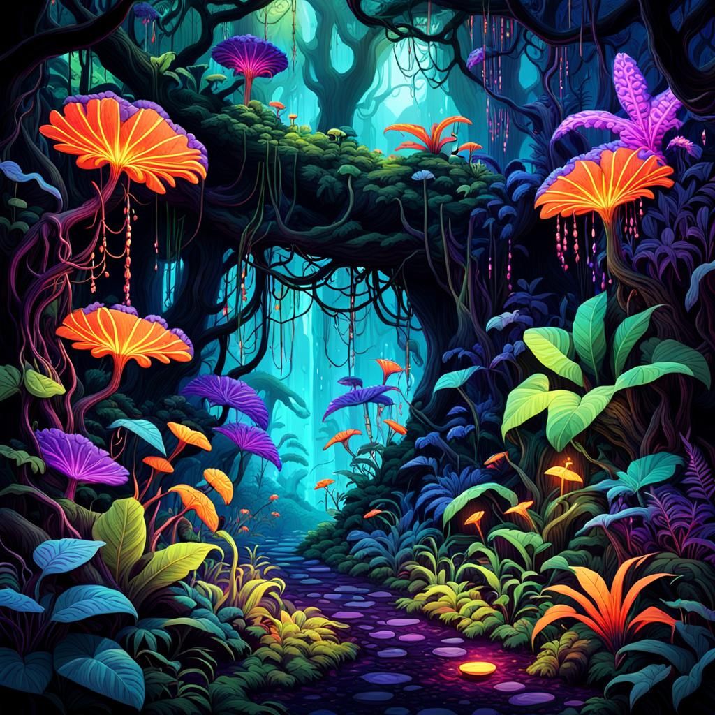 Fluorescent Fantasy Jungle with Glowing Neon Life