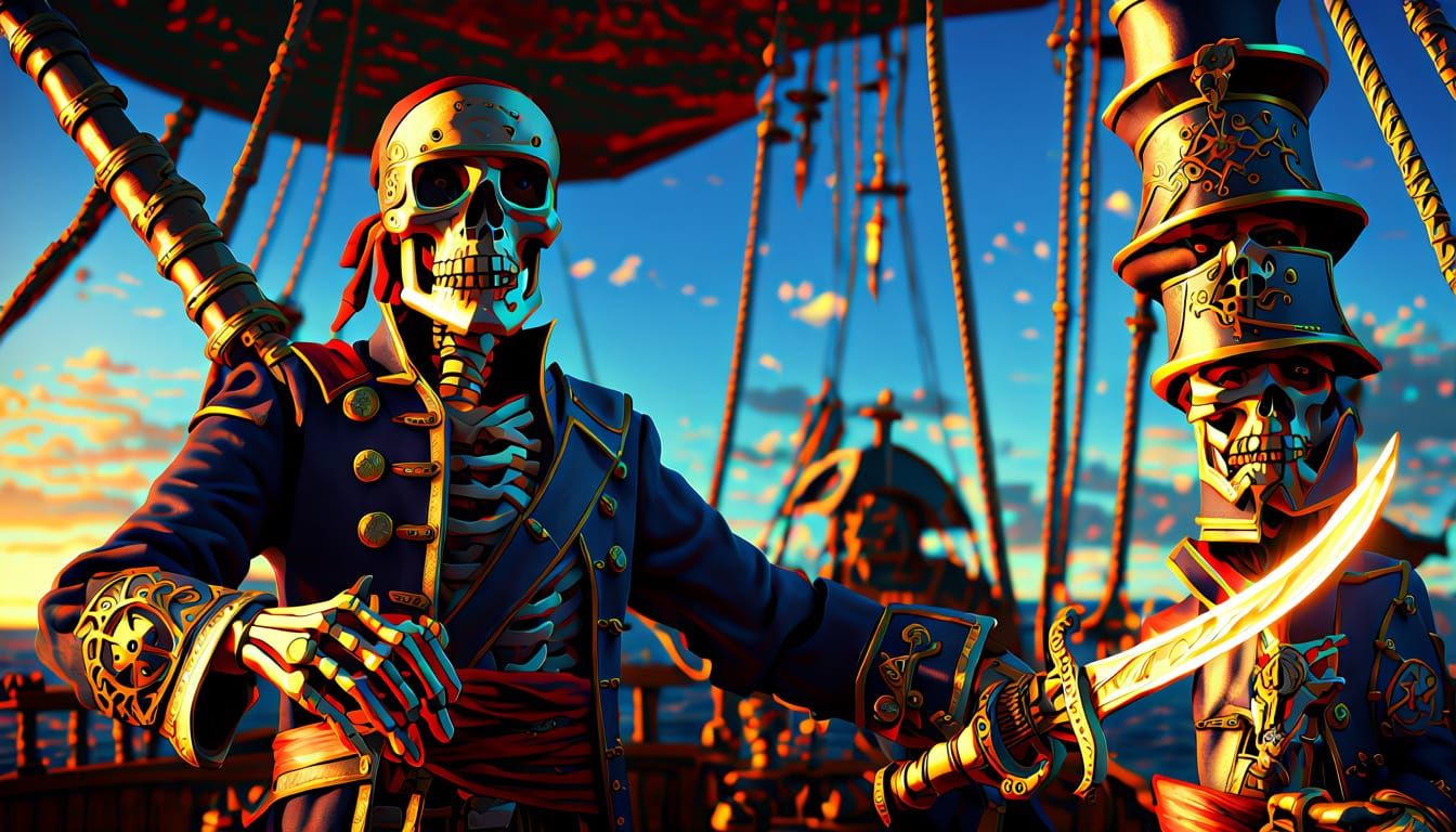 Skeleton Pirate Captain on Ship in Digital Art Style