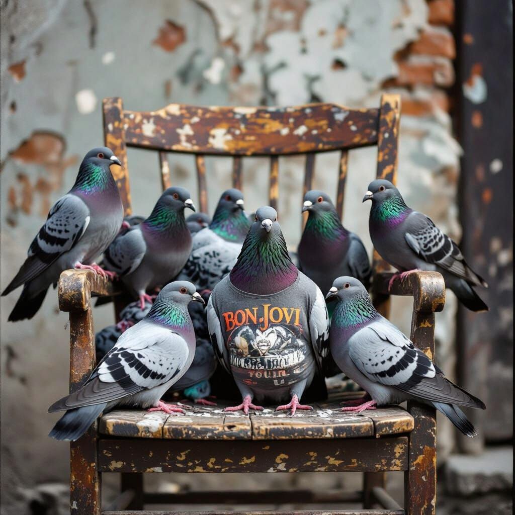 Pigeons in Bon Jovi Shirt on Chair