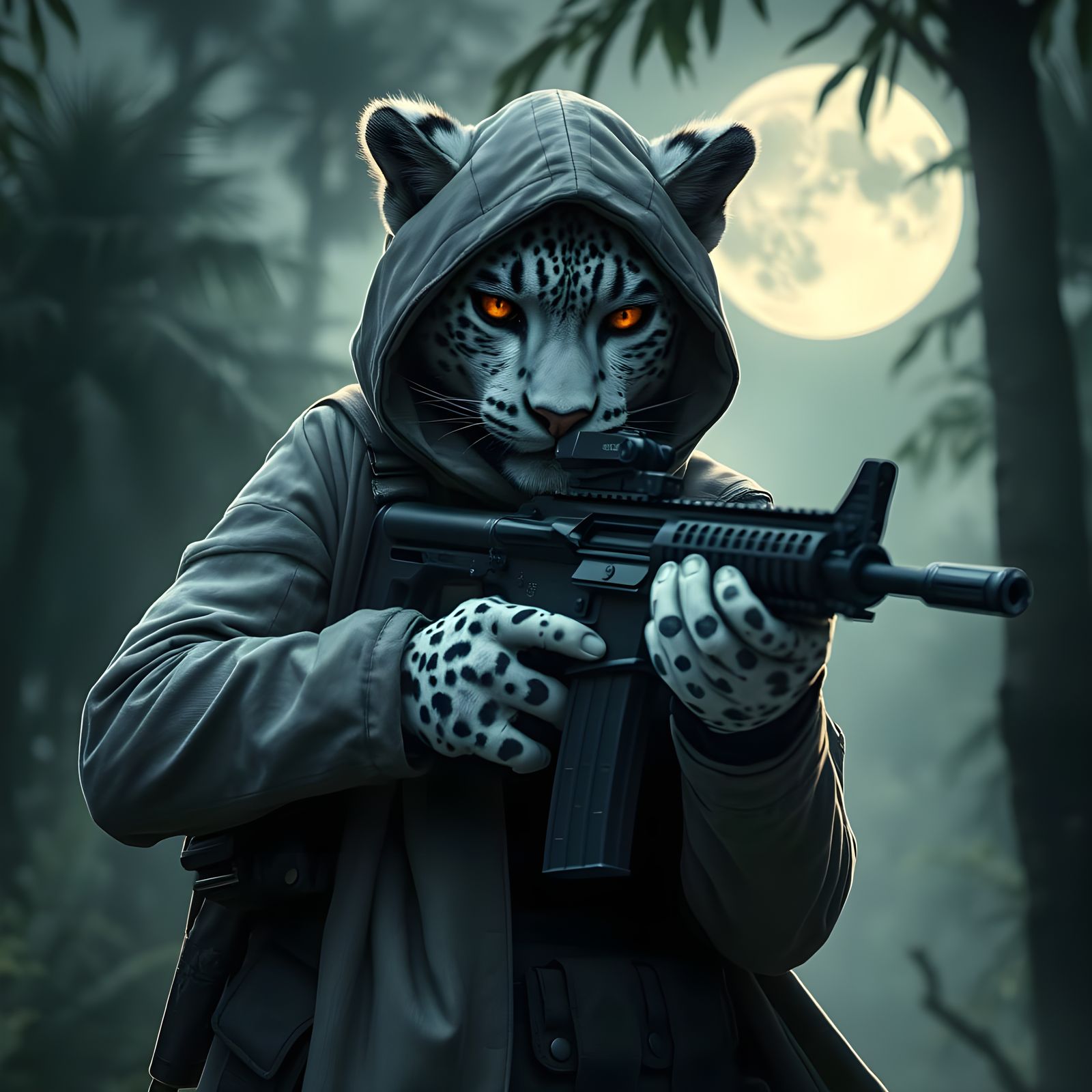Snow Leopard Vampire Soldier in Amazon Forest
