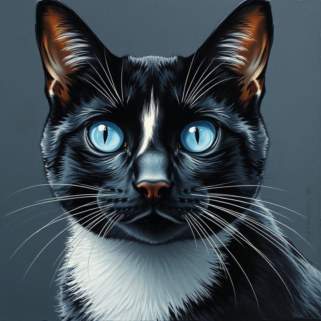 Vibrant Black and White Feline in Impasto Style