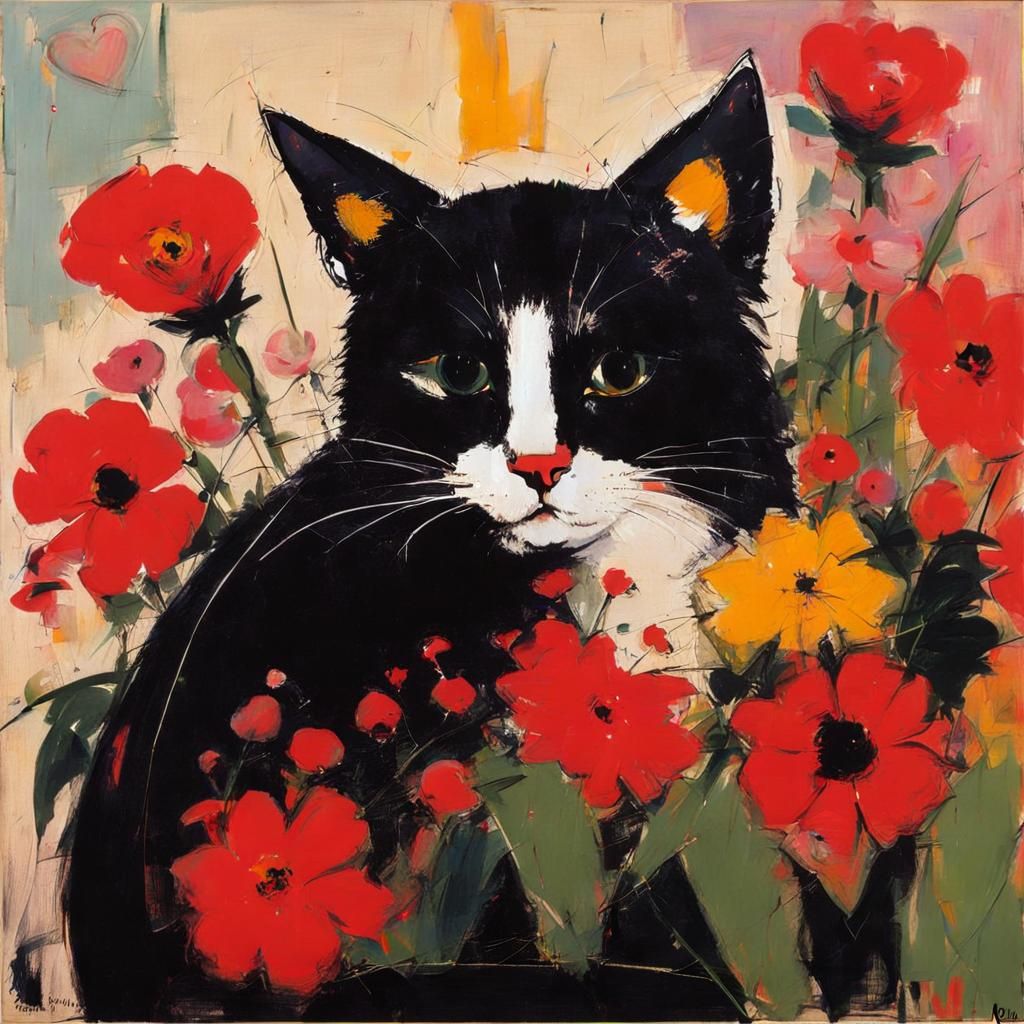 Abstract Expressionist Cat with Flowers, Inspired by Kline