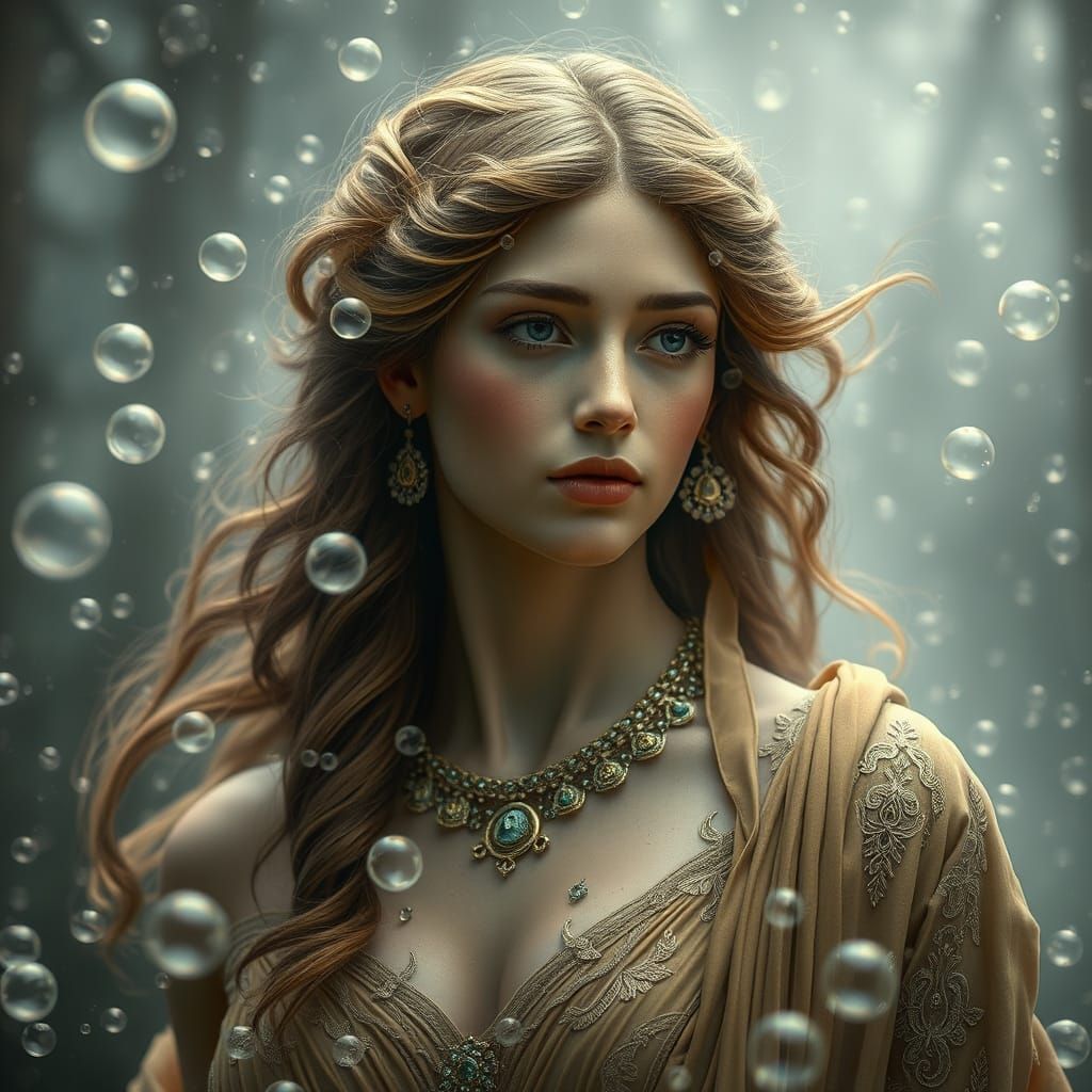 Goddess Amidst Whirling Bubbles in Cosmic Fog