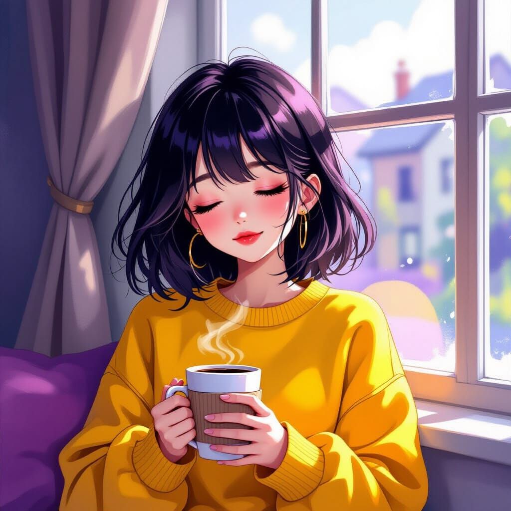 Mystical Anime Girl with Coffee, Cozy Window Scene