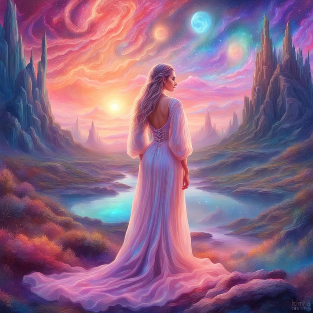 Holographic Astral Cosmic Landscape with Woman in Pastel