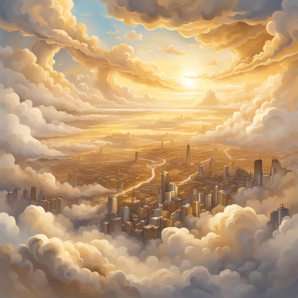 Golden Sunlight Illuminates Dreamlike Distant City