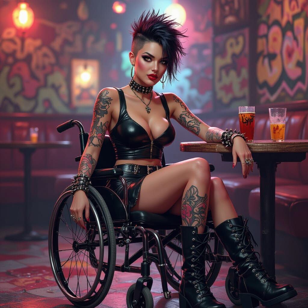 Punk Woman in Wheelchair at Club in Graffiti Art Style