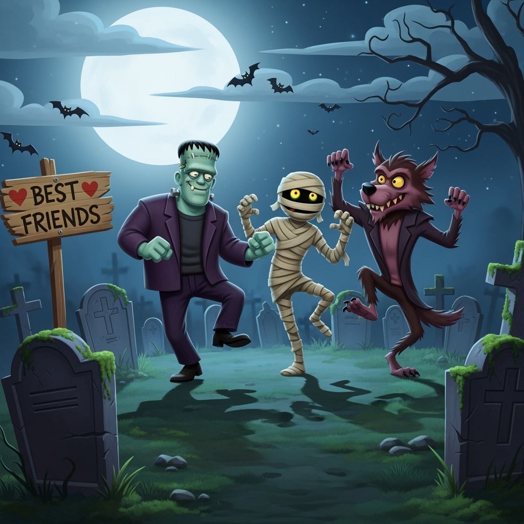 Monsters' Moonlight Jig: A Whimsical Cartoon Scene