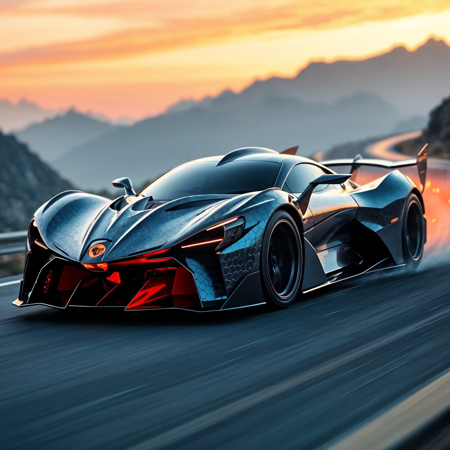 A hypercar inspired by the form of a dragon, its streamlined metallic scales gleaming in iridescent hues that shift with...