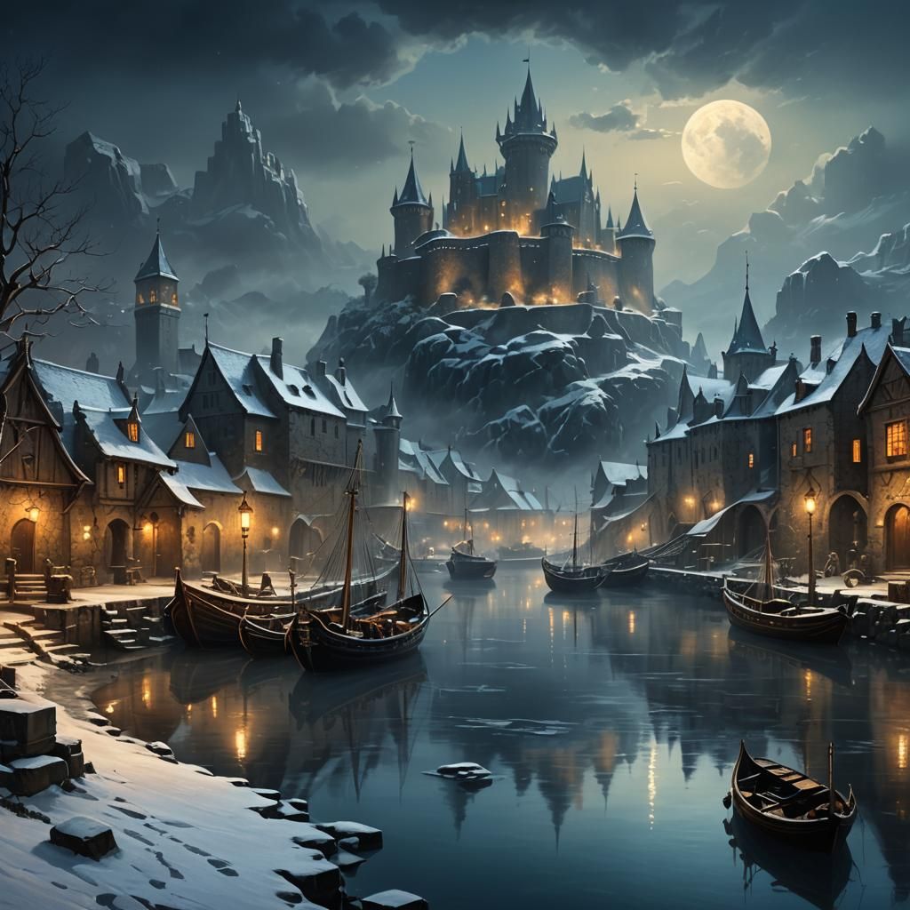 Snowy Medieval Harbor at Night: Dark Fantasy Art