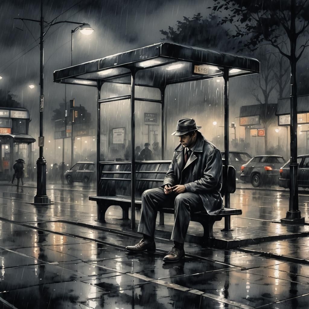 Detective at Bus Stop on Rainy Night in Watercolor