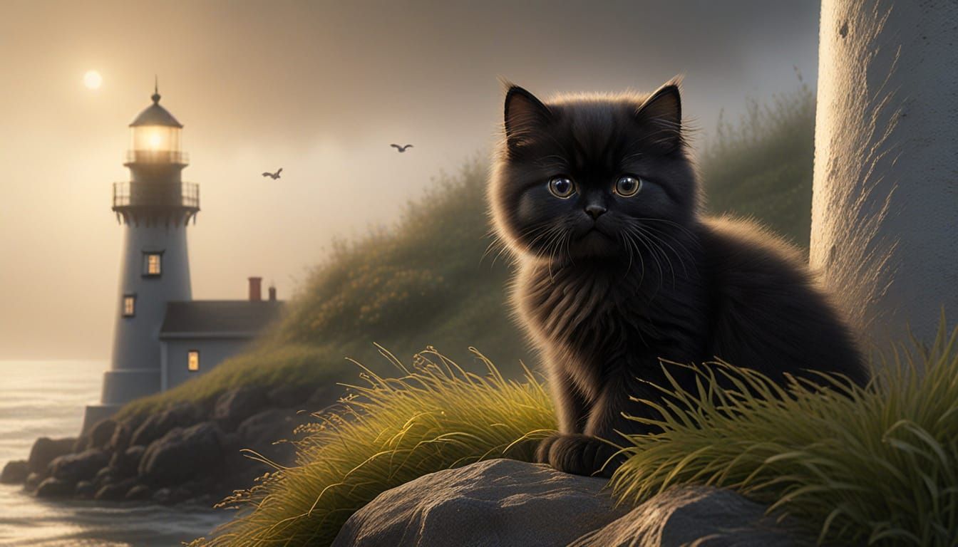 Fluffy Black Persian Kitten by Lighthouse on Foggy Morning