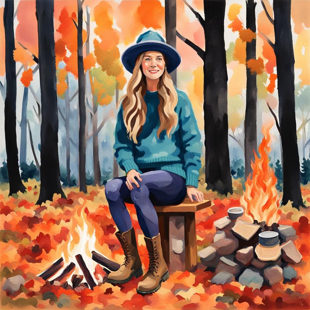 Fall Bonfire Scene in Gouache Watercolor Style